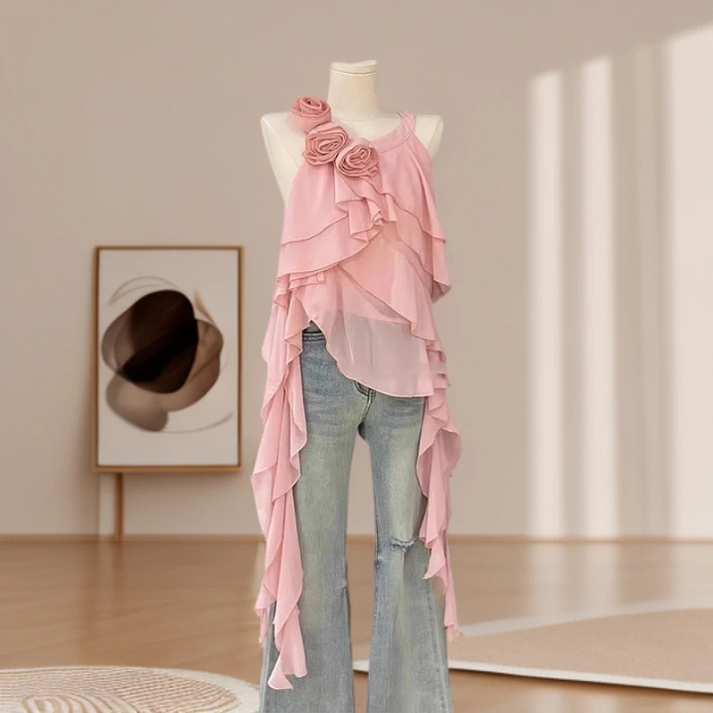 2025夏季新款优雅玫瑰花圆领挂脖荷叶边设计感不规则衬衫女装上衣
