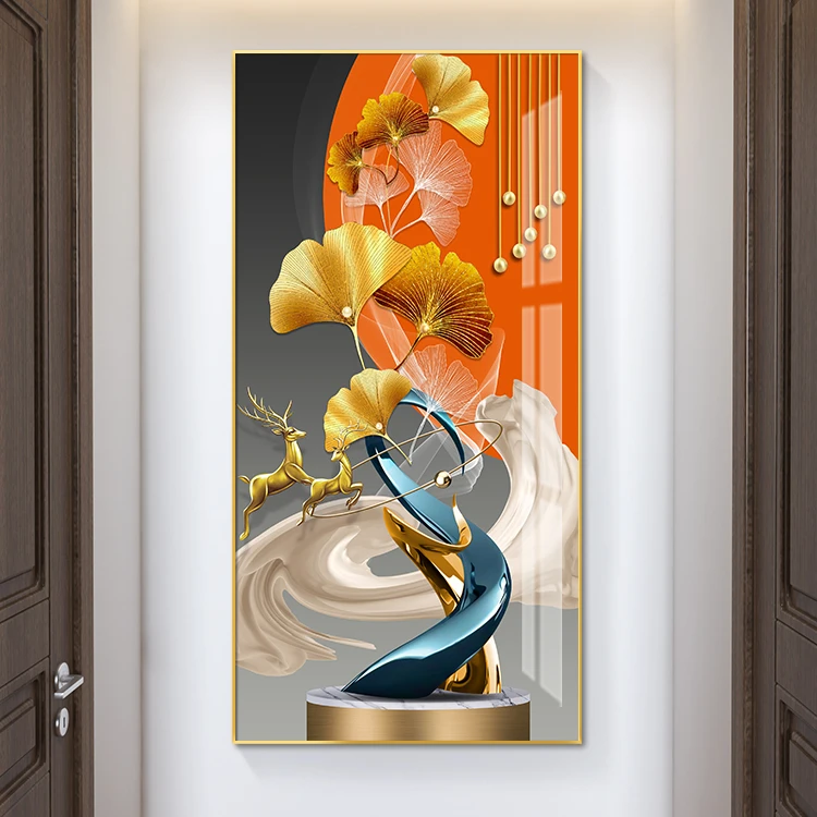 金杏抽象入户玄关装饰画轻奢走廊过道背景墙挂画现代简约壁画竖版