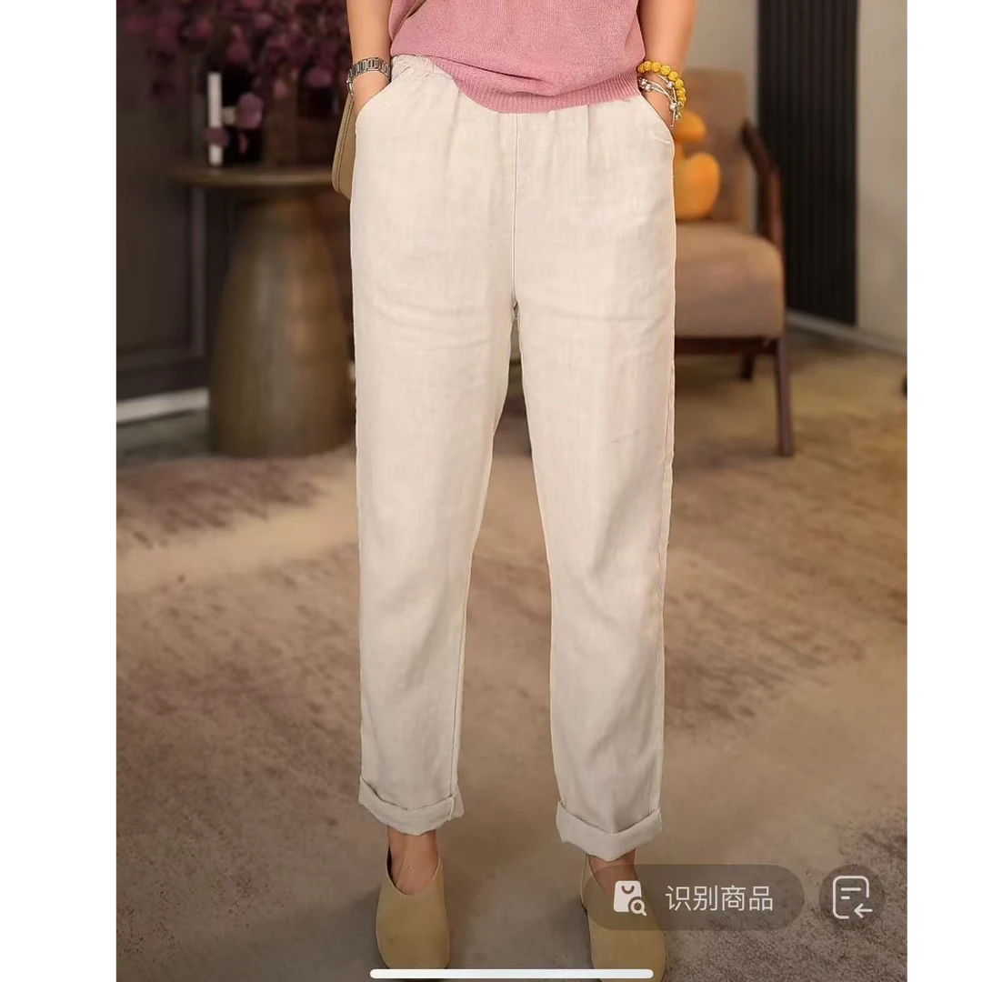 【广州微姐】夏季女士时尚简约百搭纯色亚麻休闲裤1889