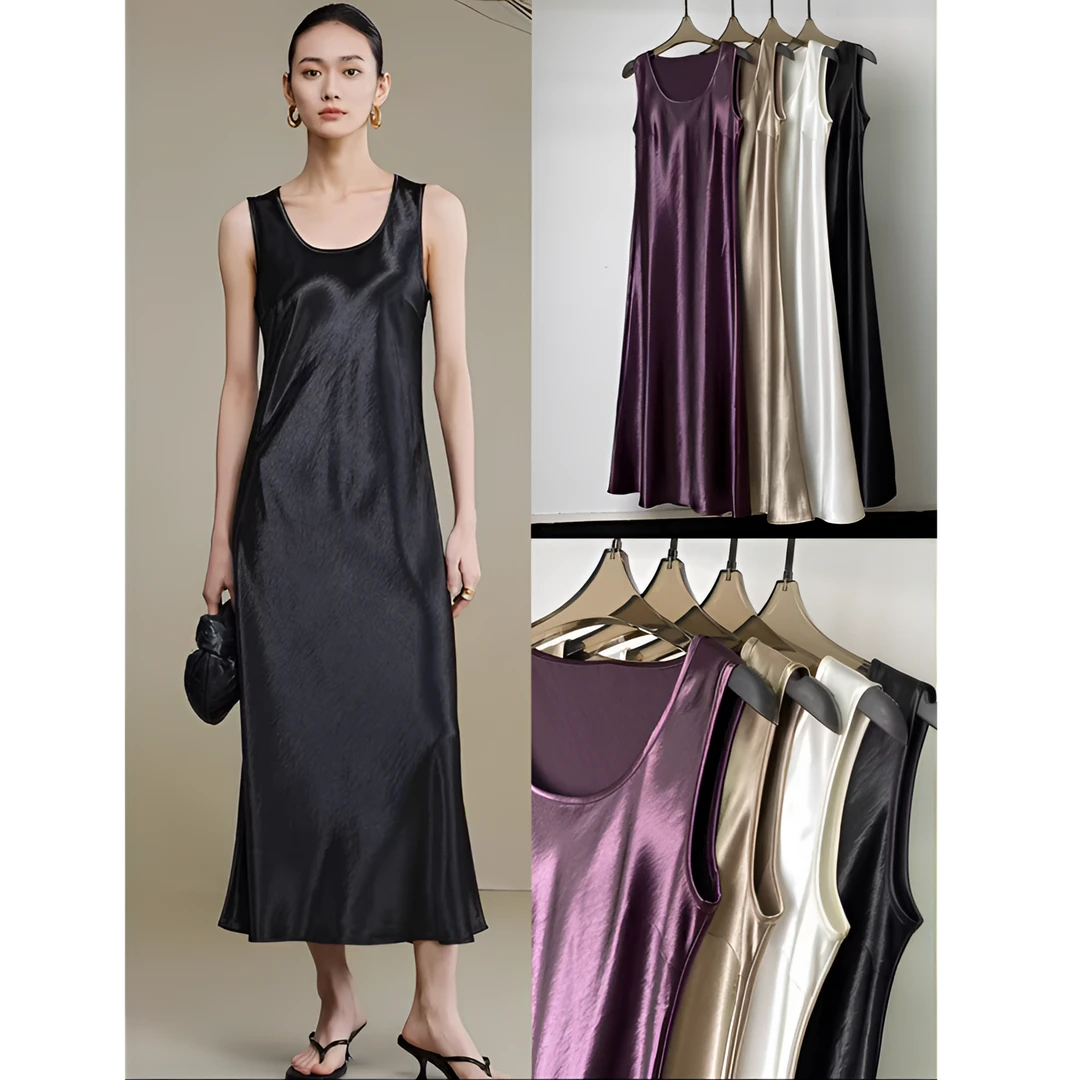 （澜光） 2025春夏鎏金锻肌理感45°斜裁垂坠显瘦U领长裙女L3182#