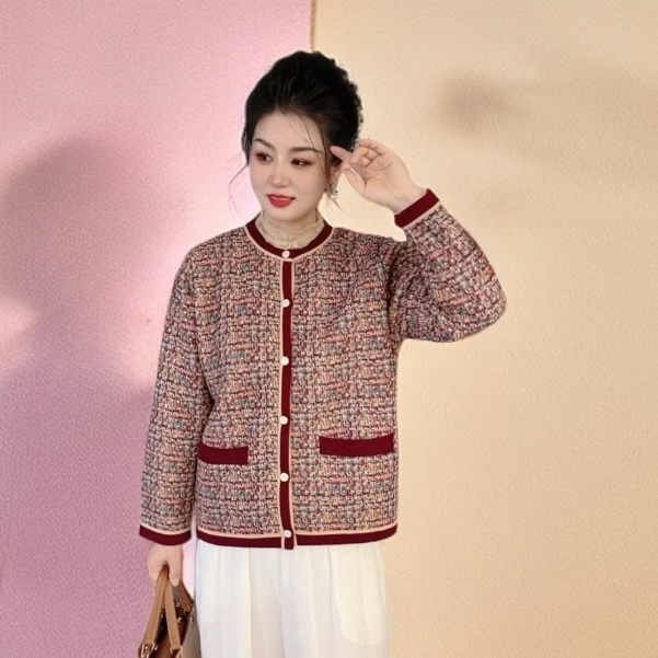 秋冬时尚中老年女装福态名媛小香风加绒休闲针织上衣外套妈妈装