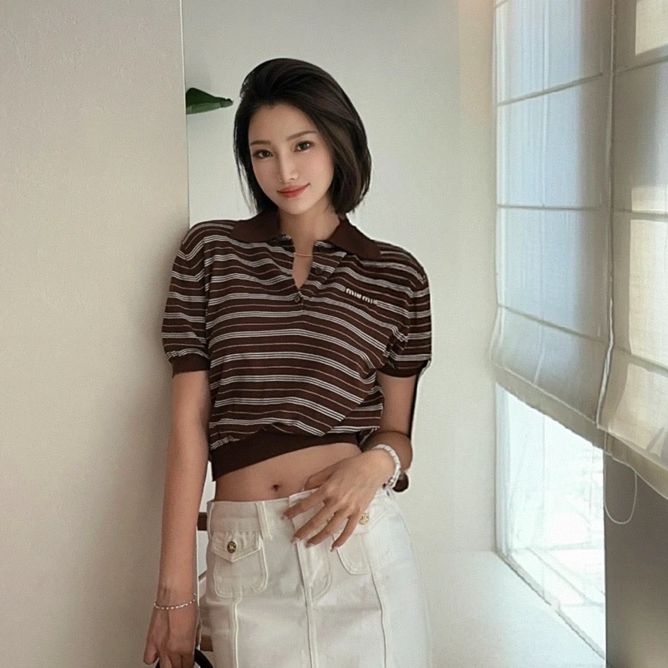 未使用 MIU MIU/缪缪 25SS 条纹polo短袖 咖色38