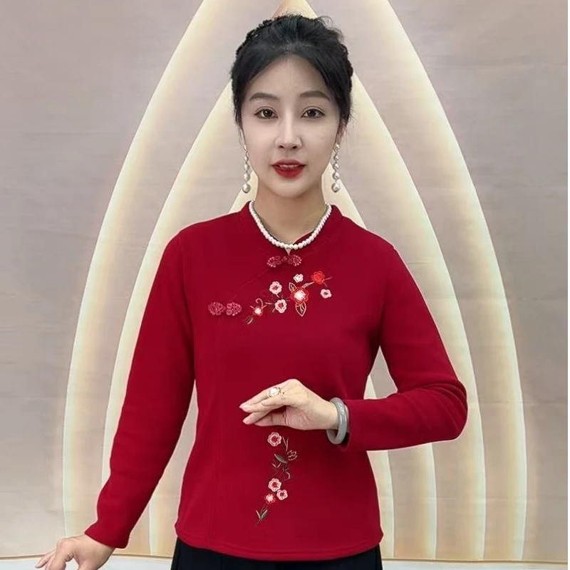 1049冬季加绒加厚盘扣国风刺绣打底妈妈装