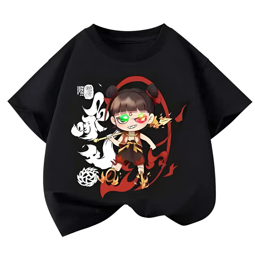 儿童纯棉短袖男女童卡通哪吒印花亮灯宝宝上衣酷闪闪学生潮流半袖