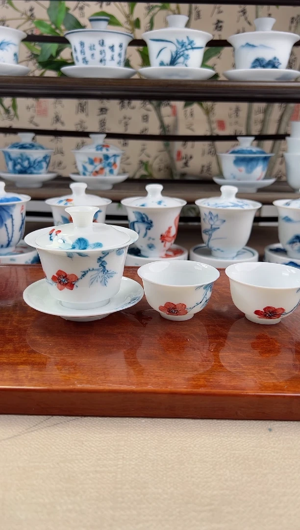 全品山茶花三才小马蹄盖碗+小和顺杯4个