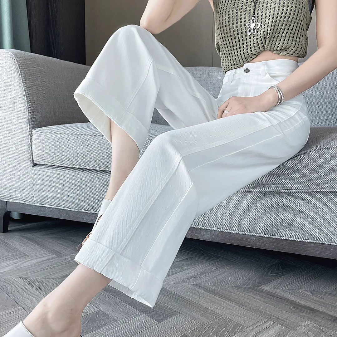 白色八九分翻边牛仔裤女夏季薄款高腰显瘦纯棉小个子直筒阔腿裤潮