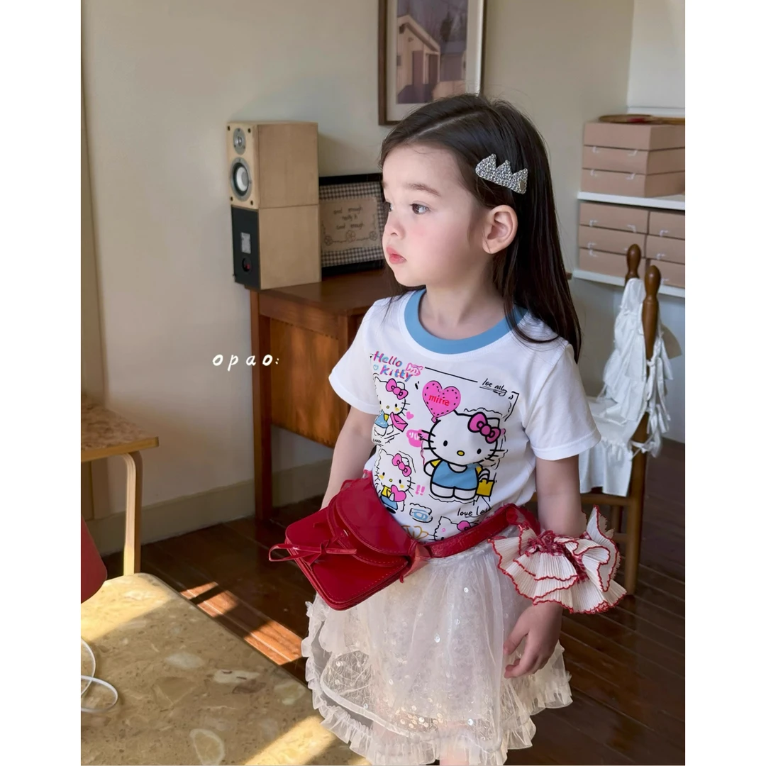 少儿夏季洋气纯棉T恤2025新款卡通印花圆领上衣半袖潮蓝边kt