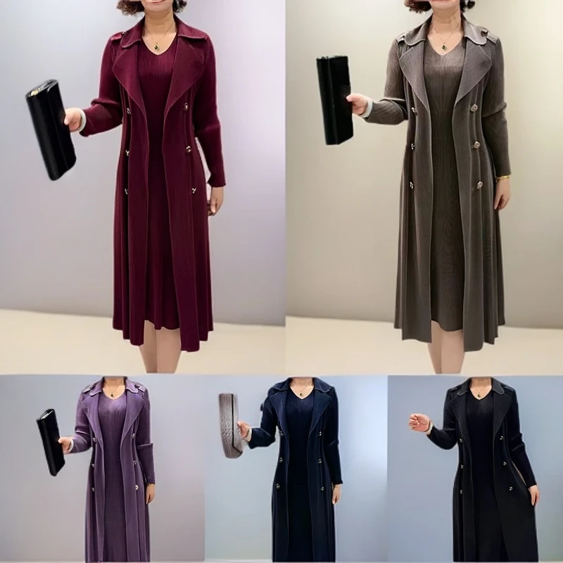 双排扣褶皱假两件一体风衣【百搭】中长款时尚网红洋气气质轻奢过膝