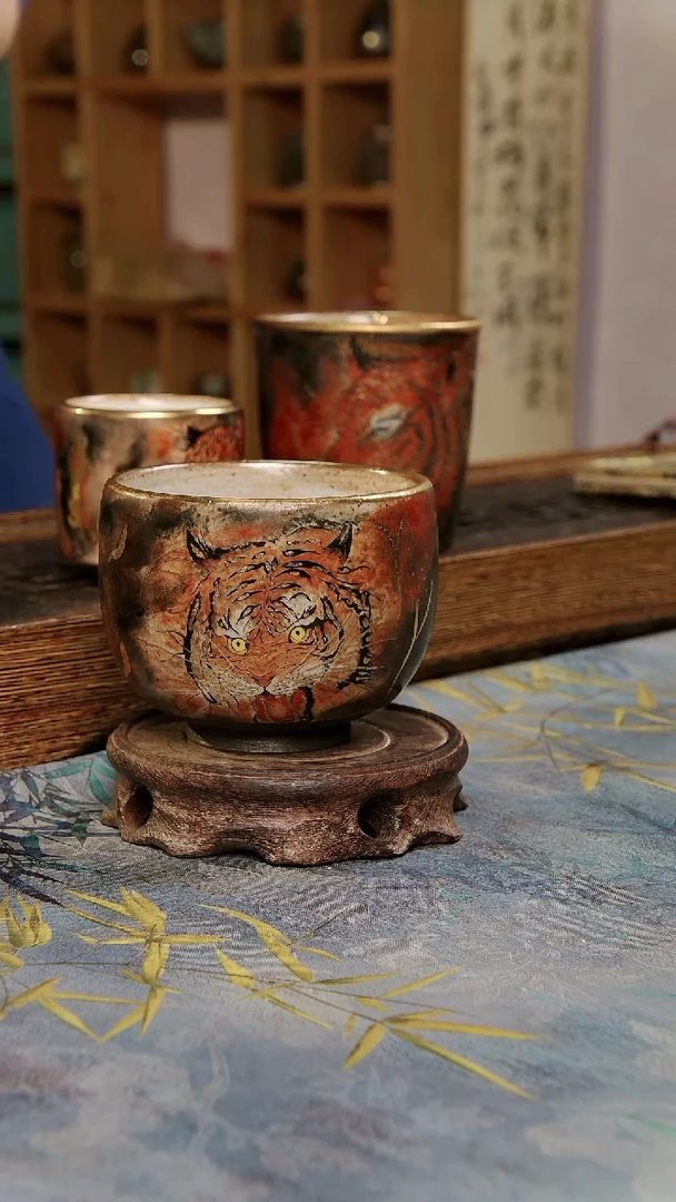 亘古陶瓷柴烧精品@手绘老虎主人杯