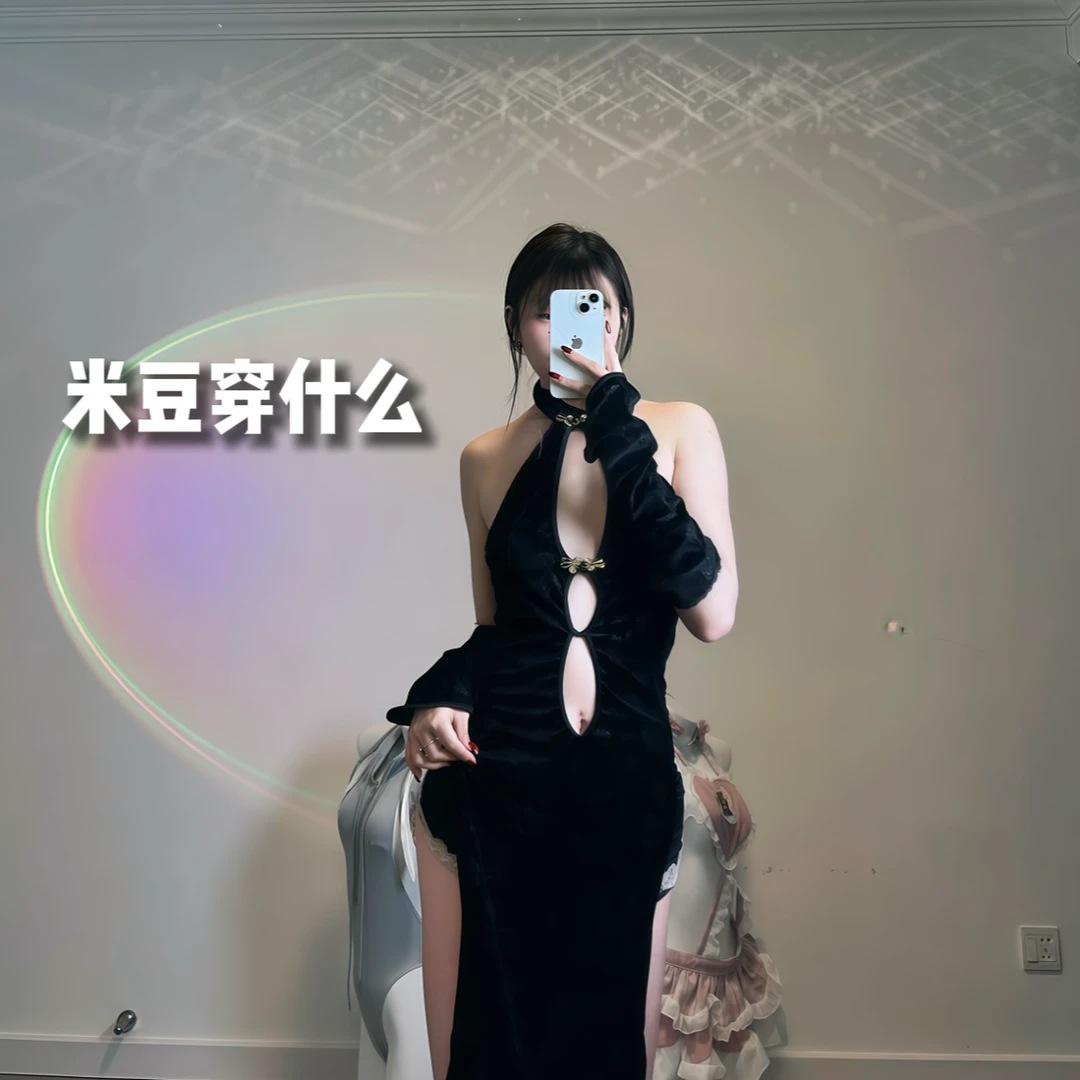 豆豆今晚穿—黑色玫瑰旗袍高叉蕾丝中式睡衣战袍修身瘦腰显瘦