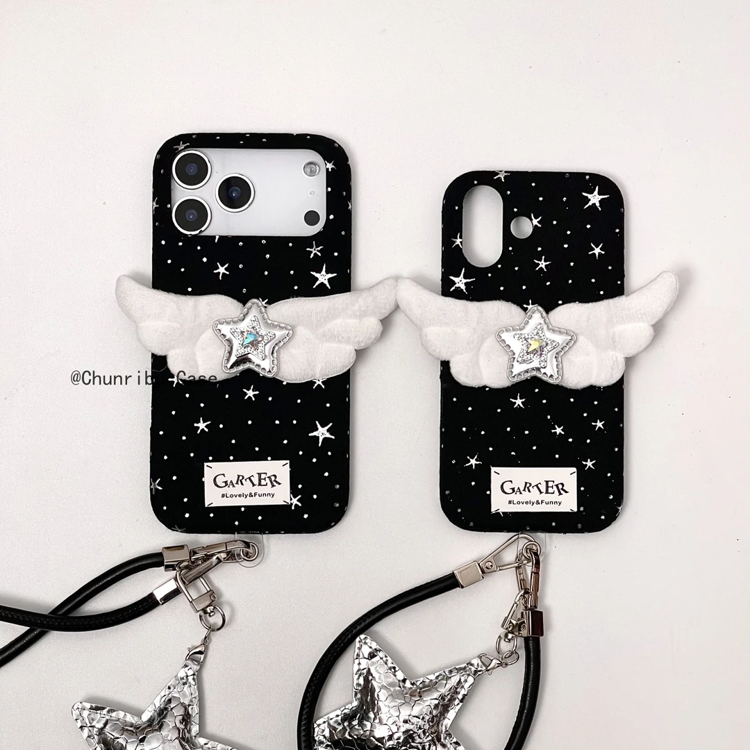 ins绒布黑底波点星星立体翅膀适用苹果17/16promax手机壳15/14/13