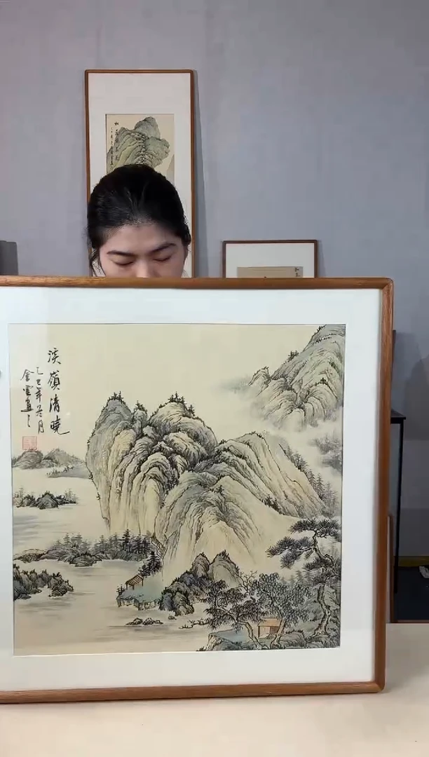 国画手绘*溪岭清晓*62*62cm发黑胡桃色框*介意勿拍