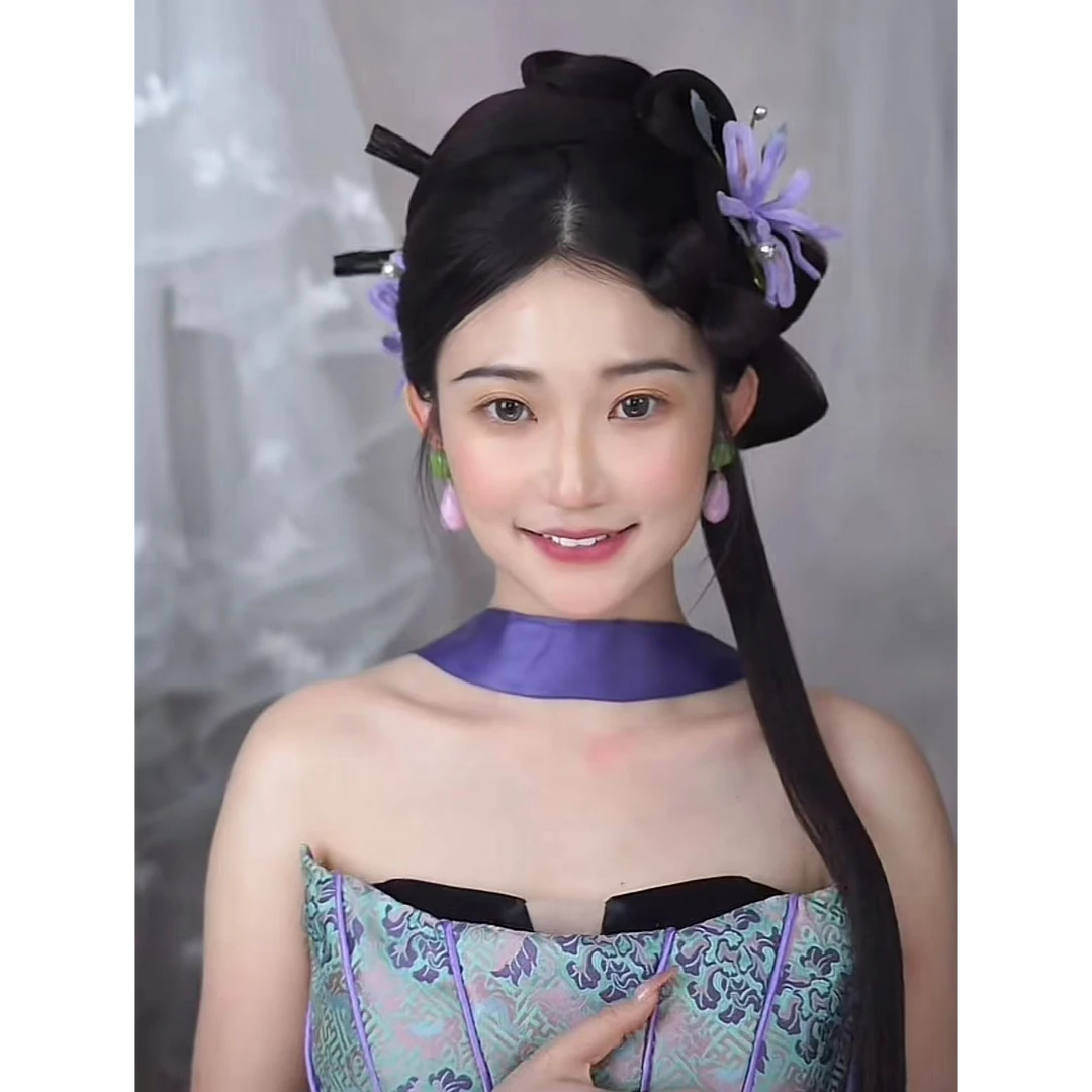 非金属布艺婚庆饰品 新款紫色绒花汉服旗袍百搭新娘饰品HH06