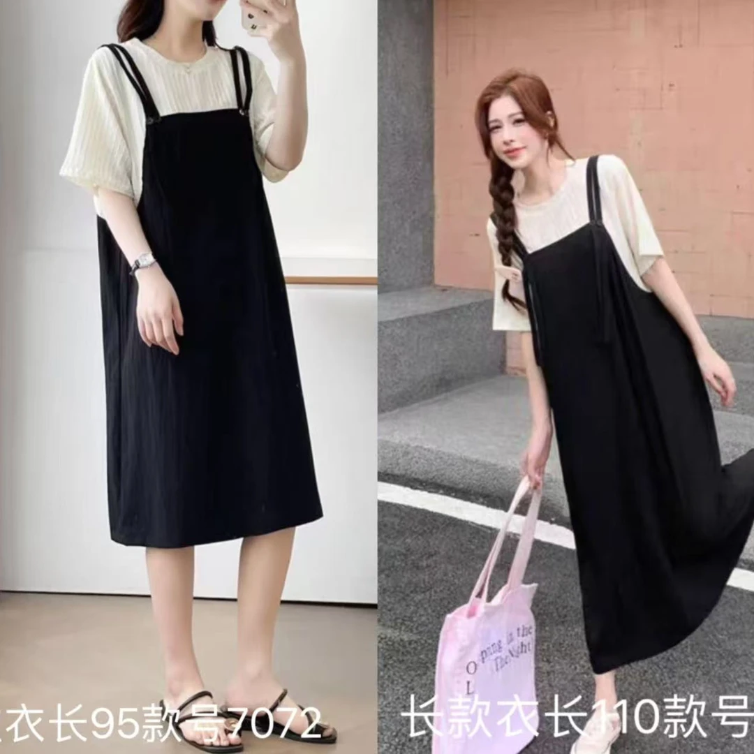 7072-C-韩版设计感撞色假两件大码连衣裙