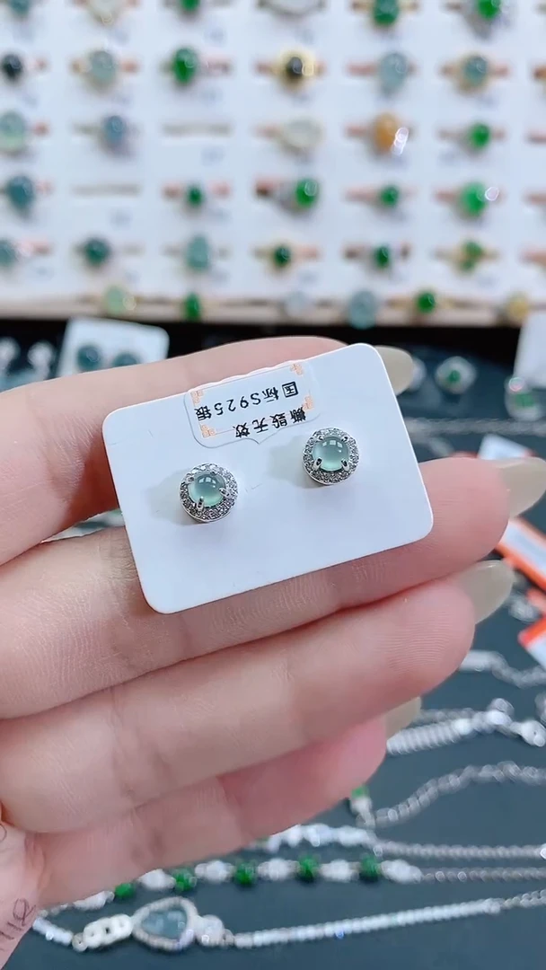 银S925镶嵌翡翠耳饰天然翡翠