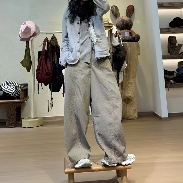 忆古朴拙色织春季设计师半松紧挖袋休闲裤241025