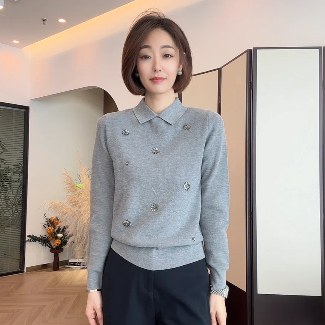 FIGO LOVE 元宝针珠片金银丝刺绣小蜜蜂款翻领针织上衣25057