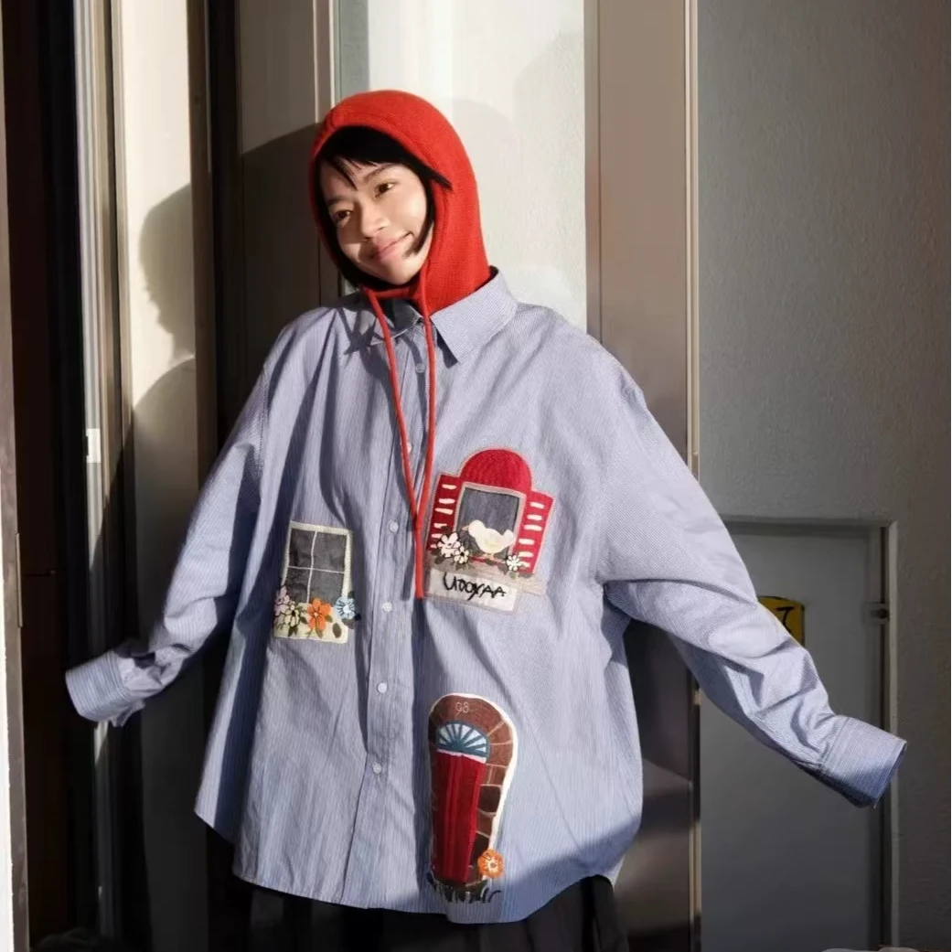 美式复古条纹长袖衬衫女早春新款宽松休闲慵懒风防晒衬衣蓝色上衣