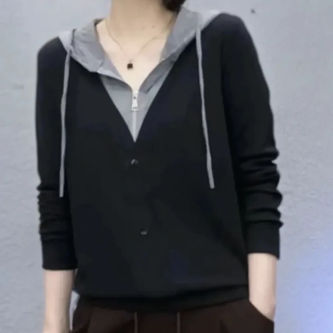 2025早秋网红爆款拉链～假两件～连帽遮肉显瘦百搭气质休闲上衣