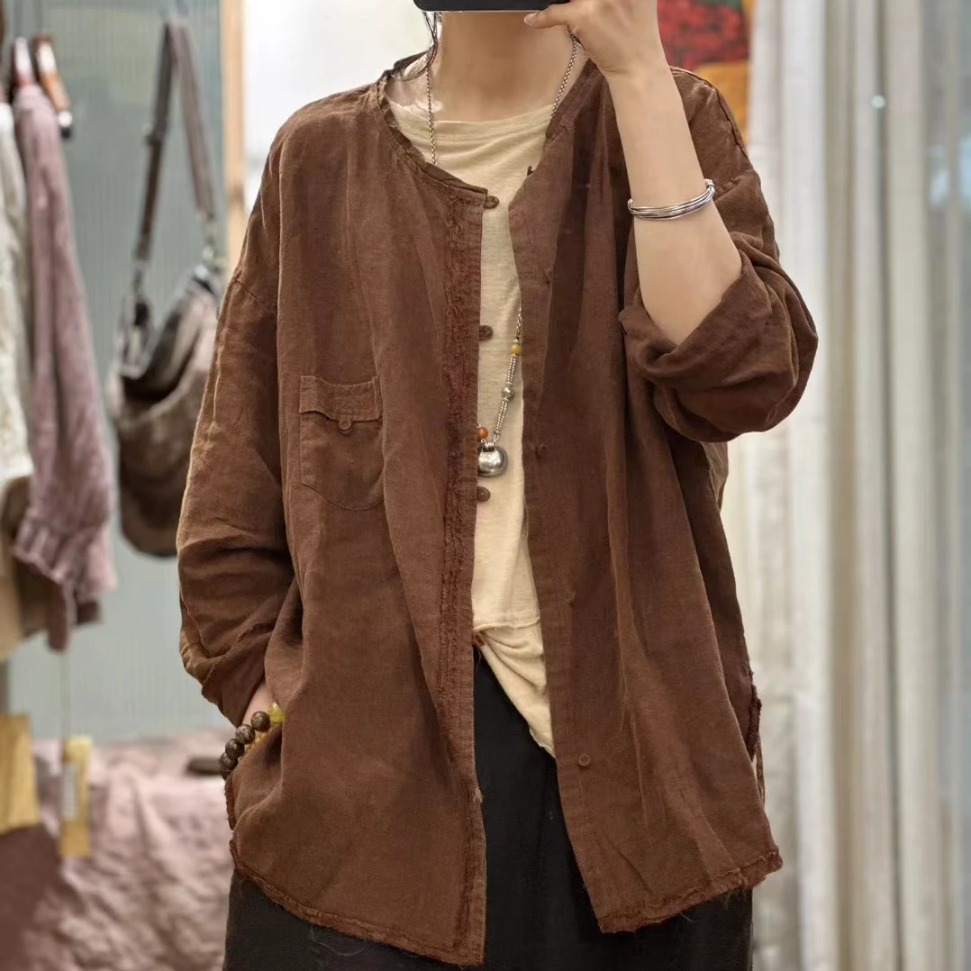 疯子张23春秋季文艺复古圆领亚麻衬衫女时尚休闲上衣外套08093