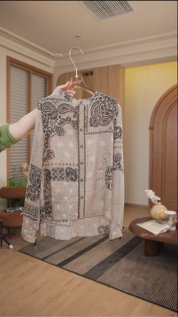 【原色】100%真丝宽松复古印花长袖衬衫薄款休闲