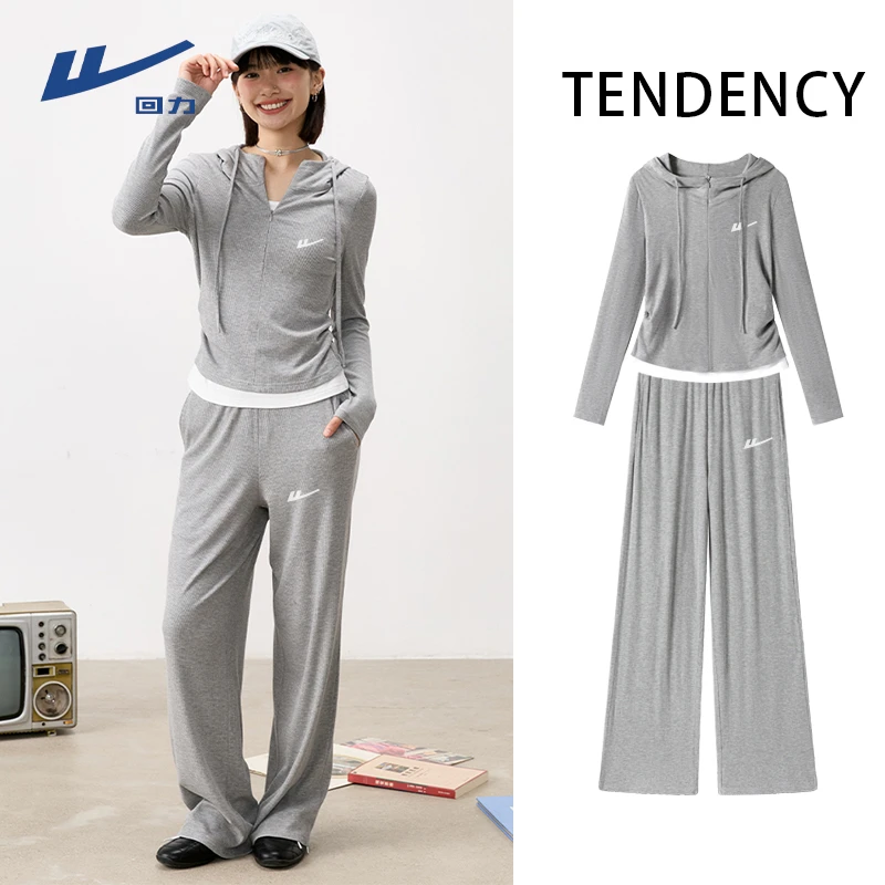 Warrior/回力灰色假两件套装女2025秋季新款休闲运动穿搭一整套L