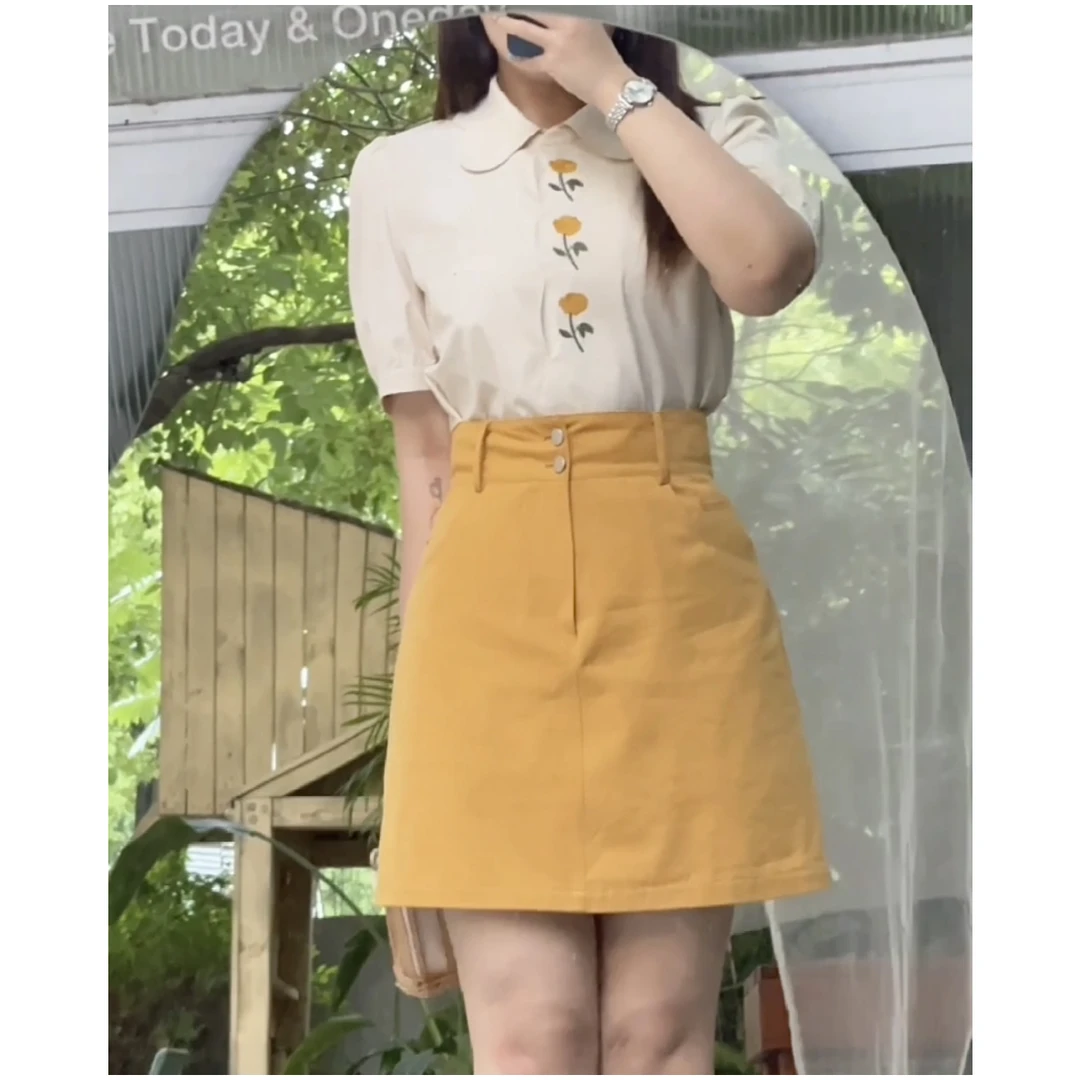 DM5651【夏菊】蛋妹大码女装微胖mm显瘦遮肉设计感衬衫半裙套装