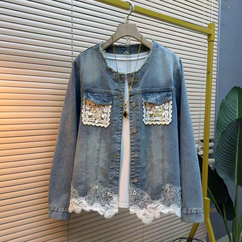 胖妹妹时尚气质显瘦遮肉水洗牛仔宽松韩版6019百搭重工春季外套