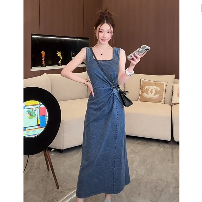 超好看夏季穿搭方领名媛收腰连衣裙纯欲慵懒法式名媛设计感连衣裙