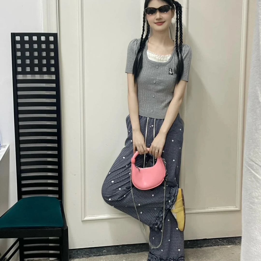 QM-韩系设计款刺绣波点花边格子直筒裤百搭显瘦休闲裤女H09-8583