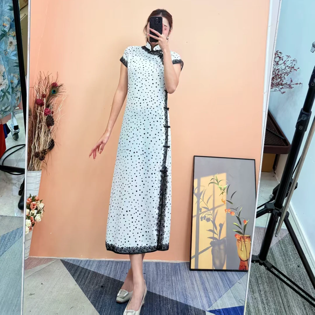 [依易原创]新中式气质波点蕾丝拼接温柔修身改良旗袍连衣裙B0419