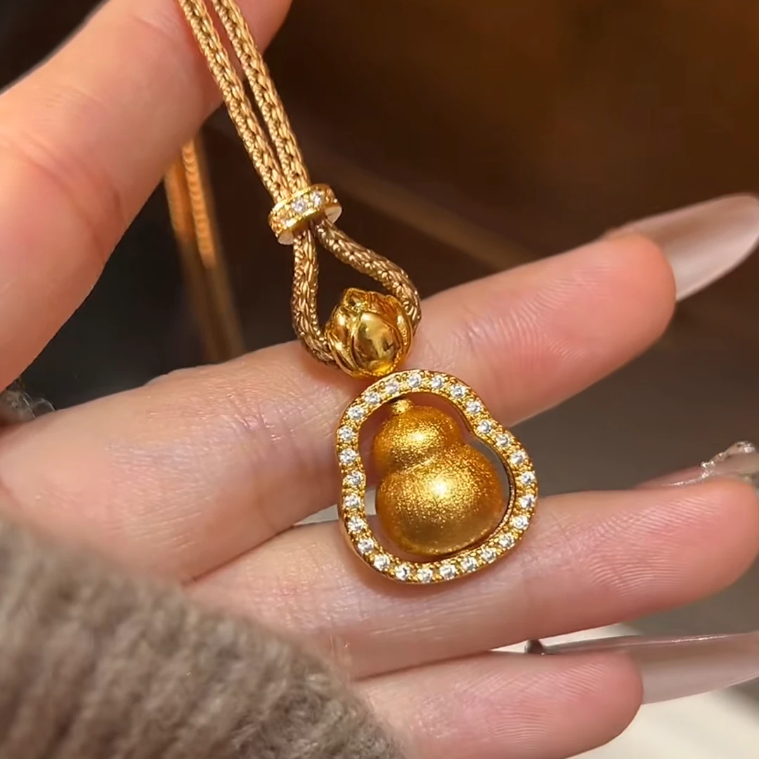 铜合金项链 新中式国风莲花拉丝葫芦吊坠项链时尚挂绳毛衣链精致