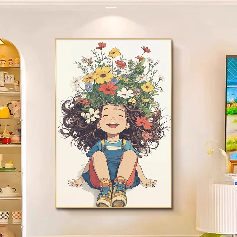 墙壁装饰画儿童房多巴胺卡通卧室床头挂画房间背景墙壁画客厅餐厅