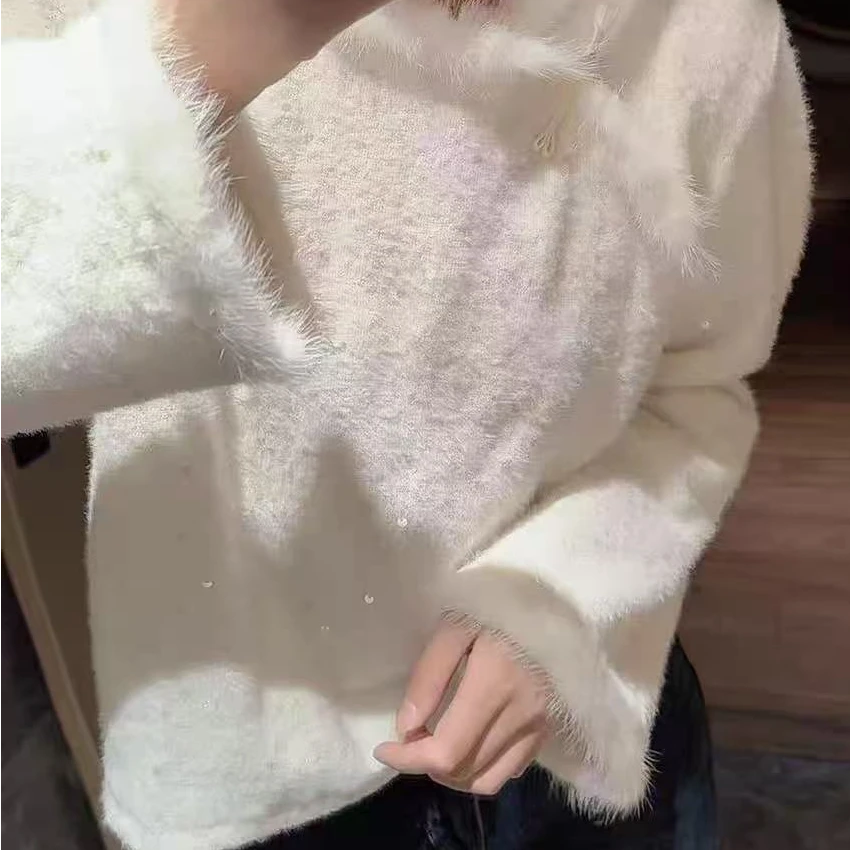 欧洲站2024冬季新款欧货女潮新中式复古盘扣亮片毛毛长袖上衣衬衫