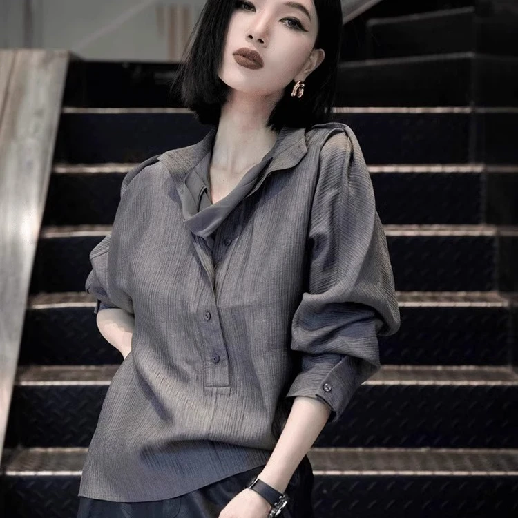 春季2025新款高端欧货洋气独特别致漂亮法式衬衣轻奢小众灰色衬衫