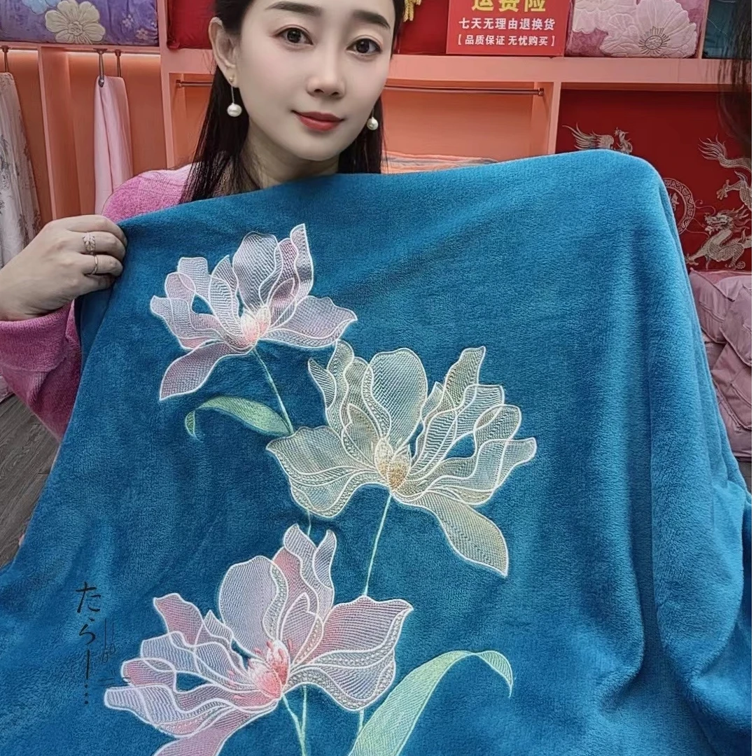 【百合】蓝绣花加厚牛奶绒四件套刺绣牛奶绒被套大床单枕套5