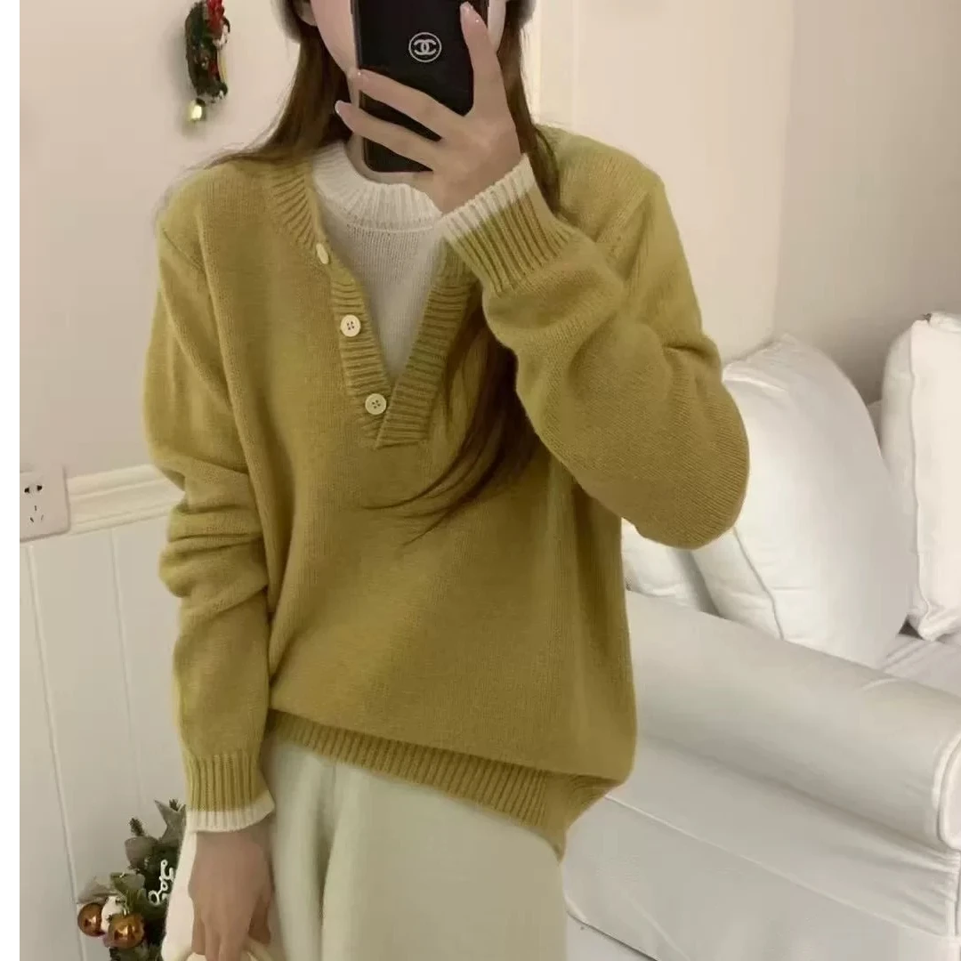 【假两件套头】 假俩件针织衫秋冬加厚宽松圆领慵懒风打底 SEL-7537