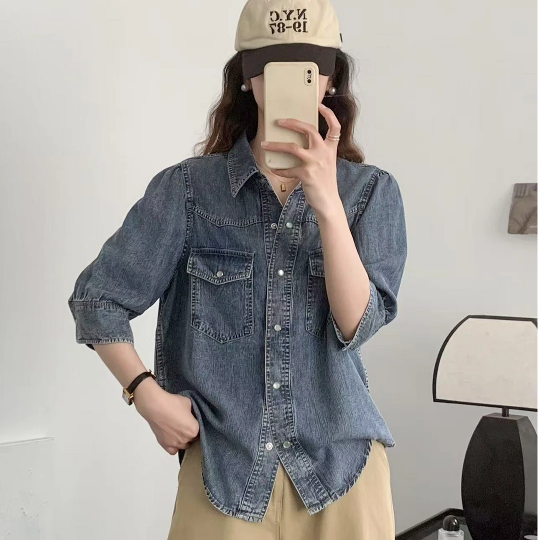 中袖天丝牛仔衬衫女七分袖夏季新款复古简约休闲衬衣百搭上衣
