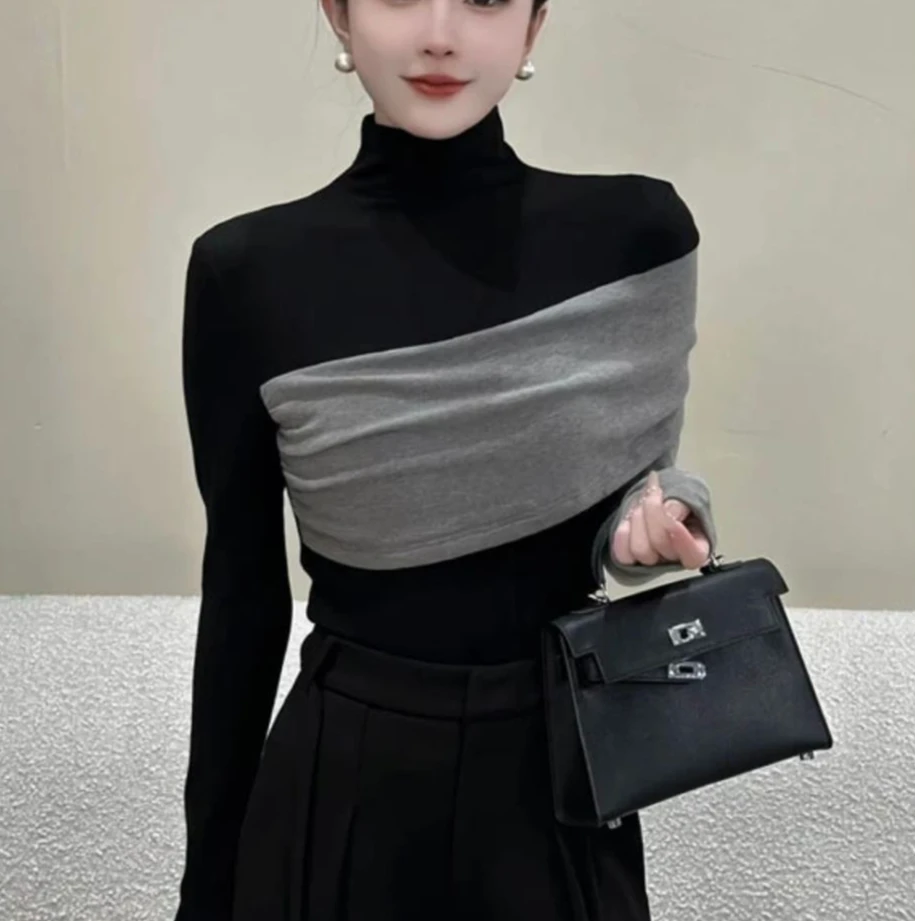 欧货撞色拼接不规则半高领长袖t恤女2025秋冬修身显瘦打底衫上衣