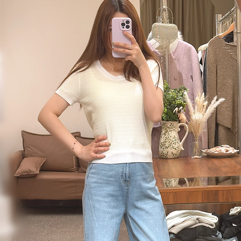 韩系U领撞色短袖t恤女夏季薄款冰丝针织衫上衣修身显瘦天丝上衣