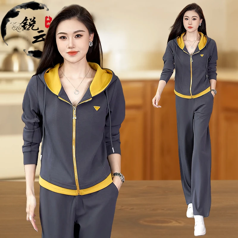 时尚连帽运动套装女春秋季2025新款宽松大码卫衣跑步休闲服两件套