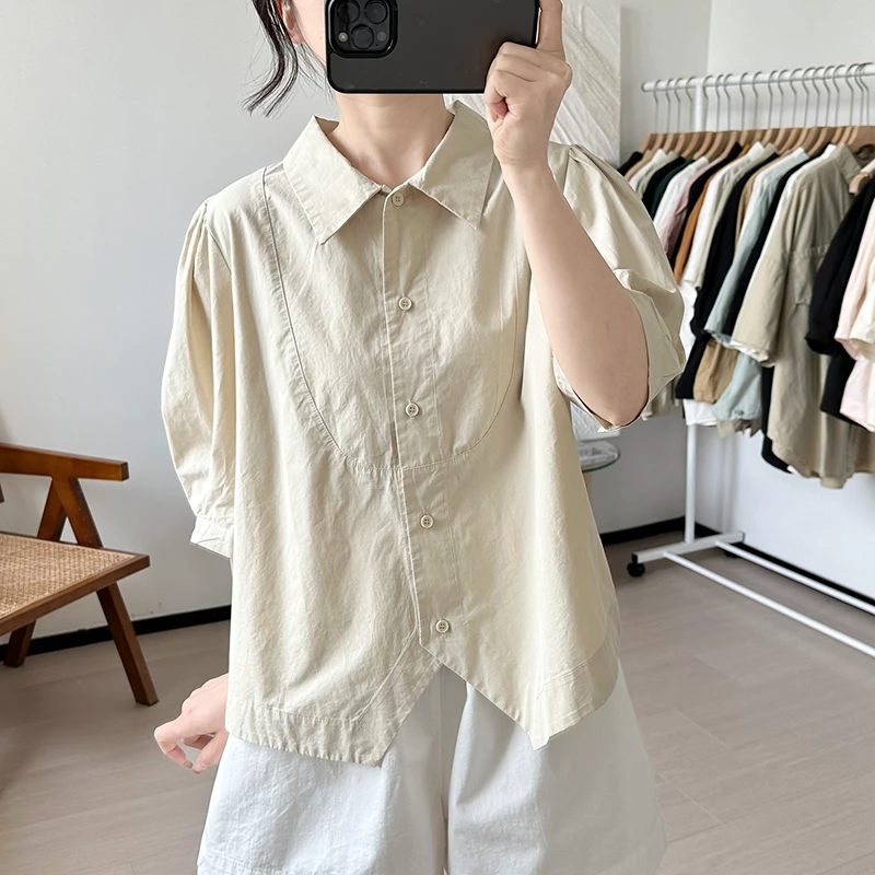 1145短袖衬衫女2025夏季新款日杂风宽松显瘦纯棉开叉上衣女士夏季