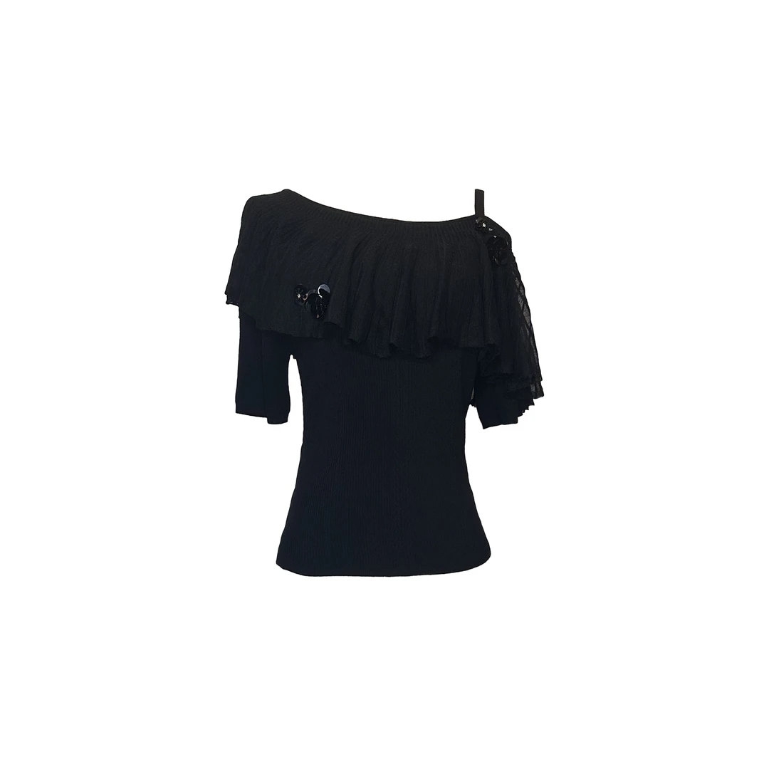 设计师春季气质夏季百搭显瘦荷叶边斜领漏肩短袖  X2073