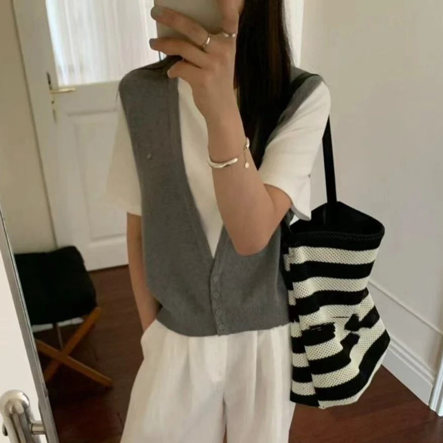 【早秋假两件T恤】条纹短袖早秋韩版透气套装圆领千金风针织短款