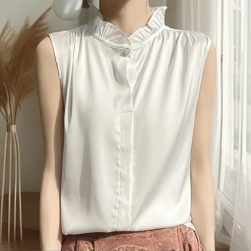木耳边设计感立领无袖珠光缎面吊带背心女夏薄款套头内搭上衣白色