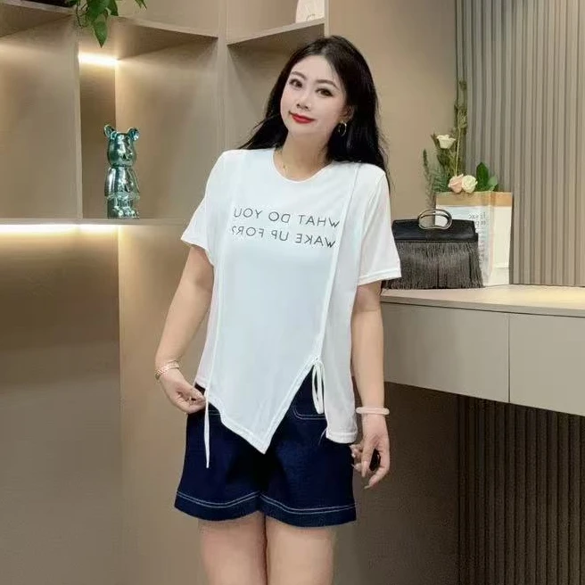 夏季半袖-甜 3956夏季大码休闲宽松舒适气质时尚印花字母简约半袖
