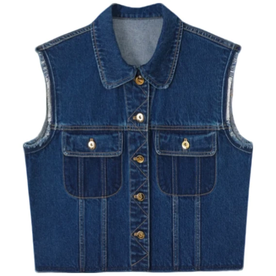 流苏深蓝色翻领无袖牛仔马甲背心-9070
