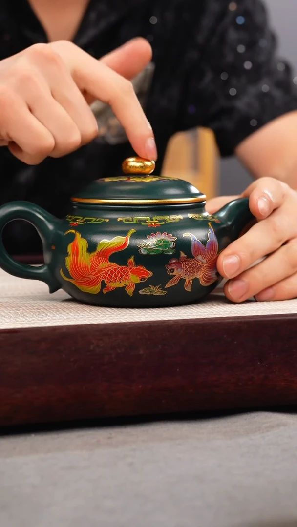 茶壶紫砂苏门答腊青 仿古 锦鲤珐琅彩