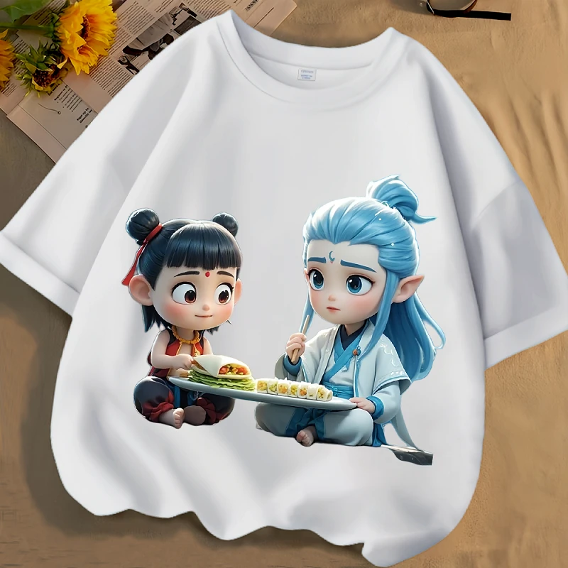 哪吒敖丙卡通春夏新款男女中大儿童短袖t恤纯棉圆领宽松百搭上衣