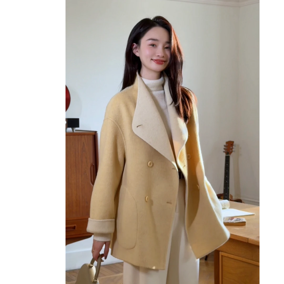 HELA AOMI “双面穿.鹅黄暖阳”绵羊毛95%+骆驼绒大衣CY5DH08903